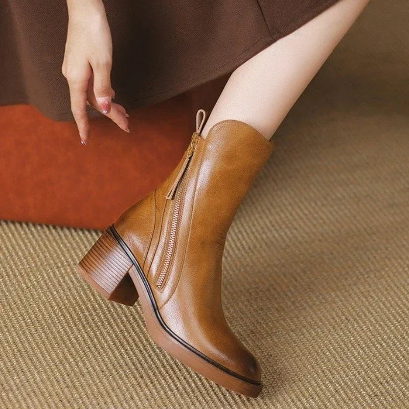 Women’s Leather-Look Ankle Boots with Block Heel and Side Zip