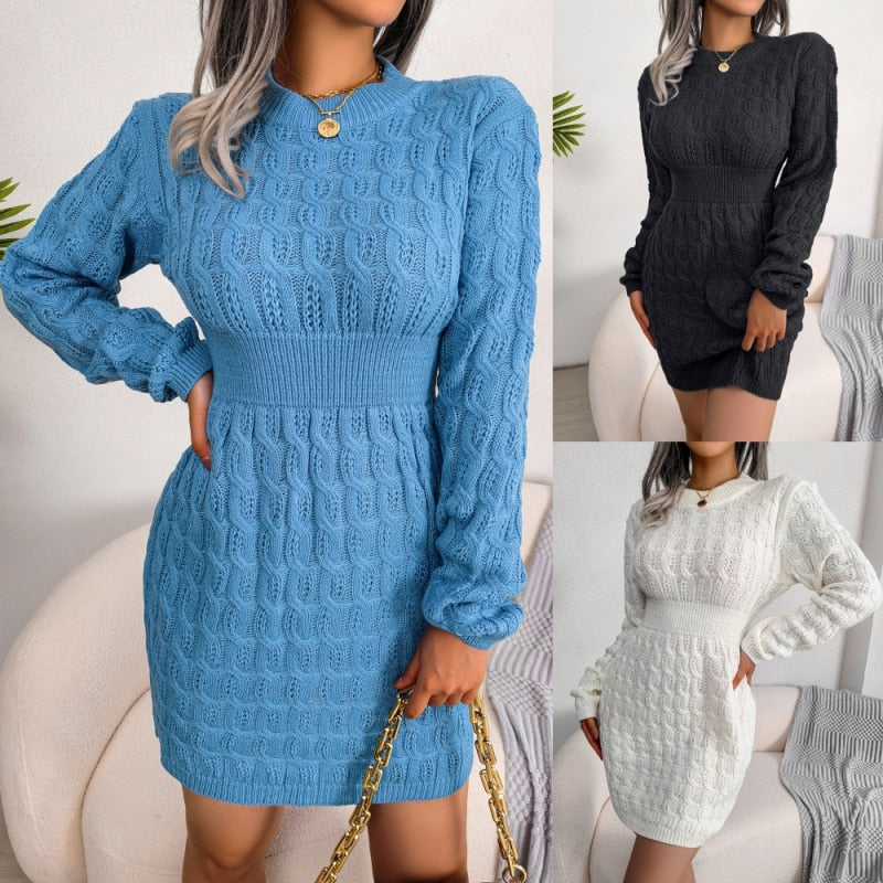 Robe courte en maille torsadée pour femme, à taille marquée