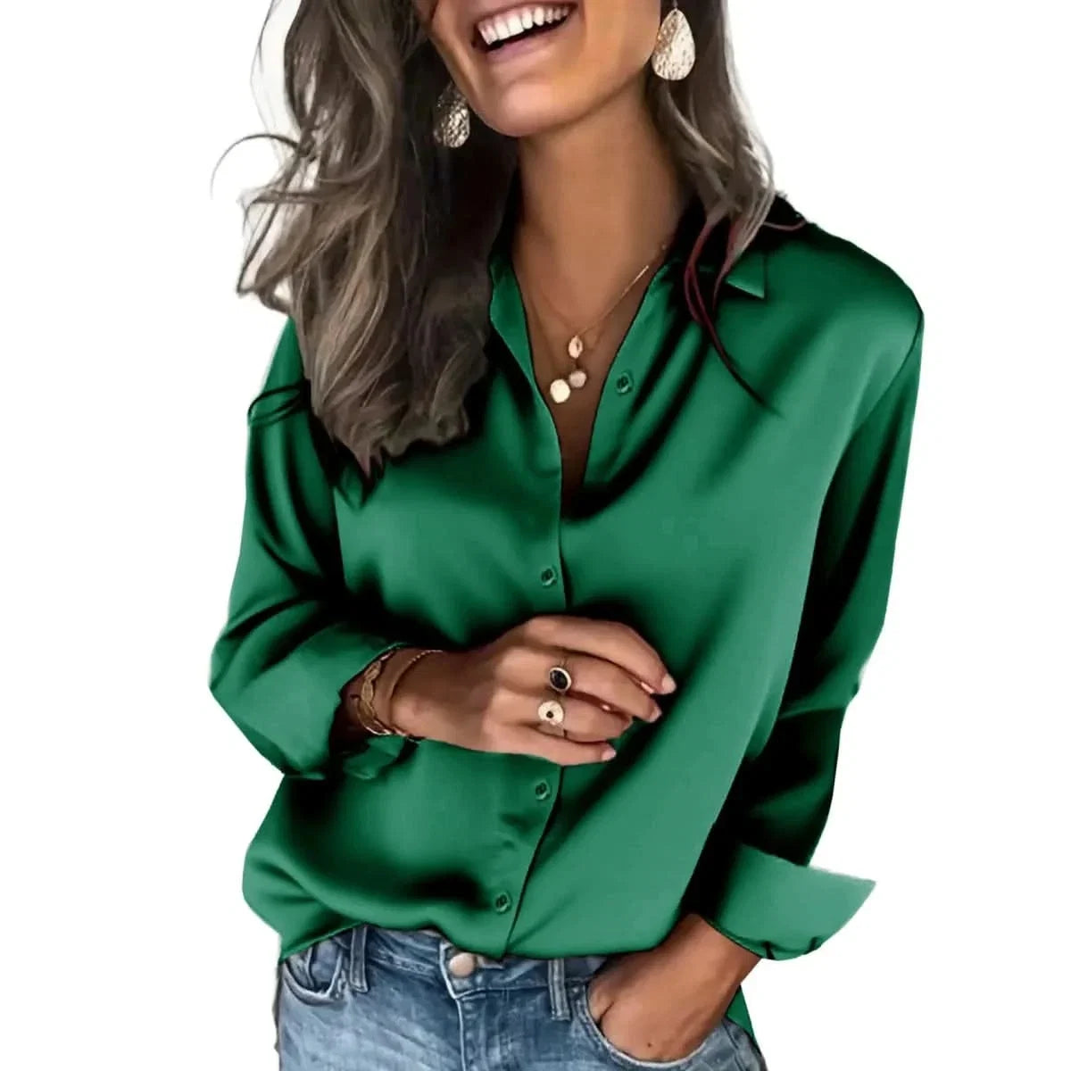 Blouse satinée à manches longues et boutonnage intégral pour femme
