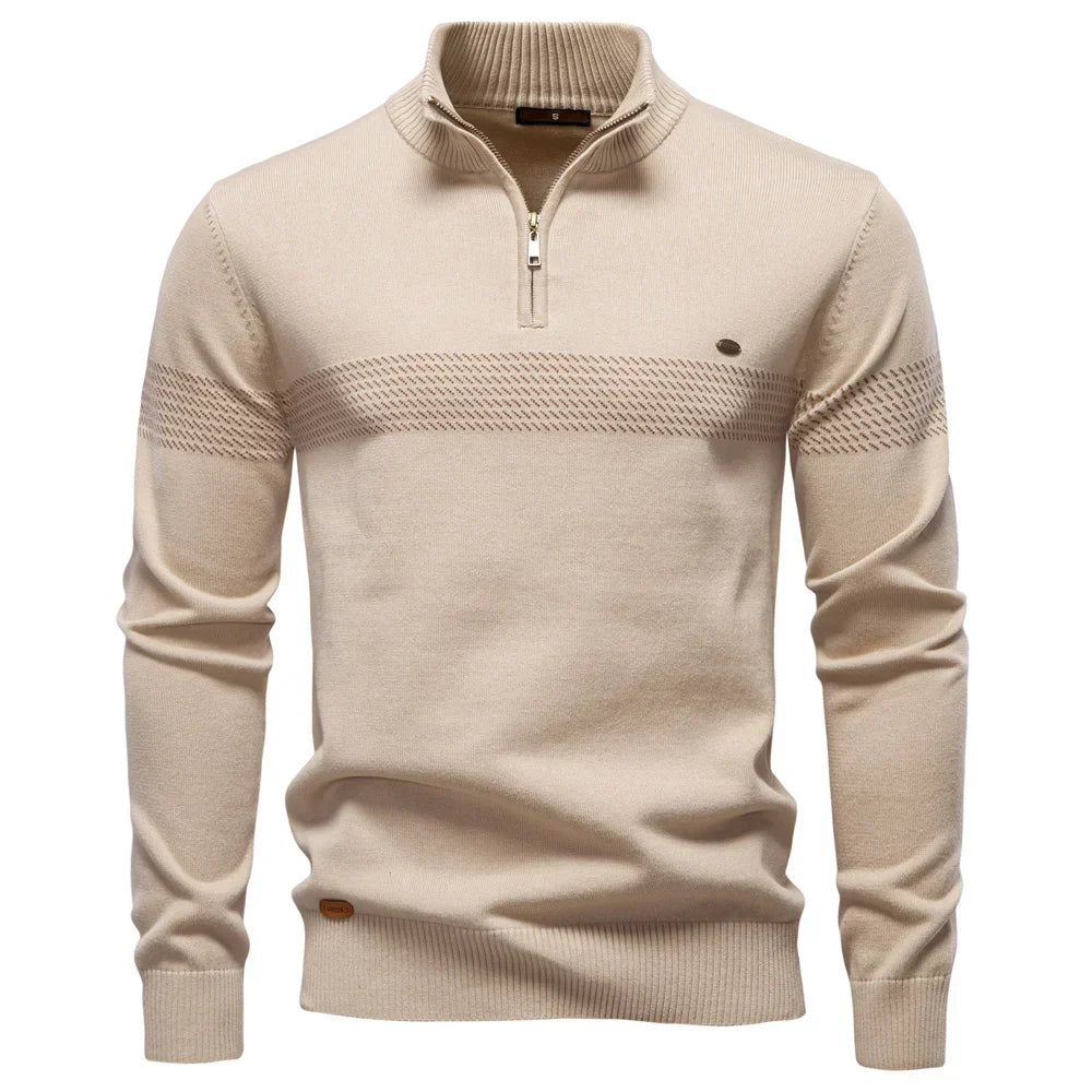 Męski dzianinowy sweter z krótkim zamkiem | Sweter z prążkowanym detalem