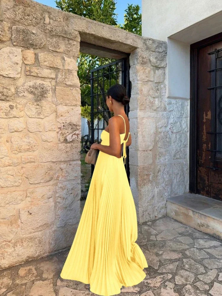 Women's Pleated Halter Maxi Dress | Strappy A-Line