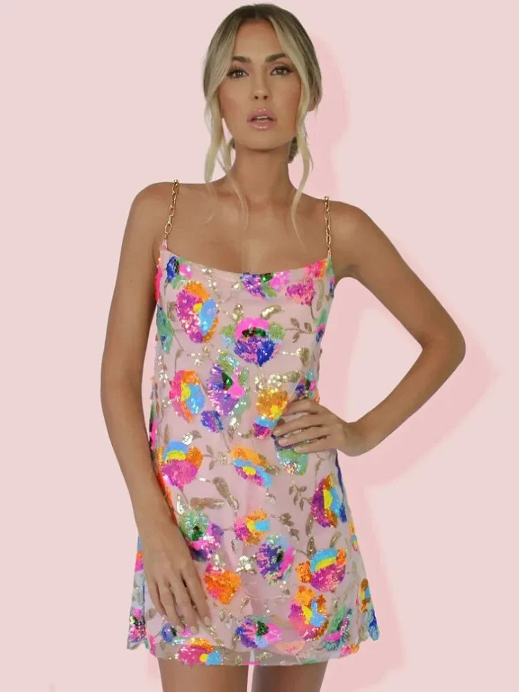 Women's Floral Sequin Mini Dress with Chain Straps