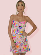 Women's Floral Sequin Mini Dress with Chain Straps