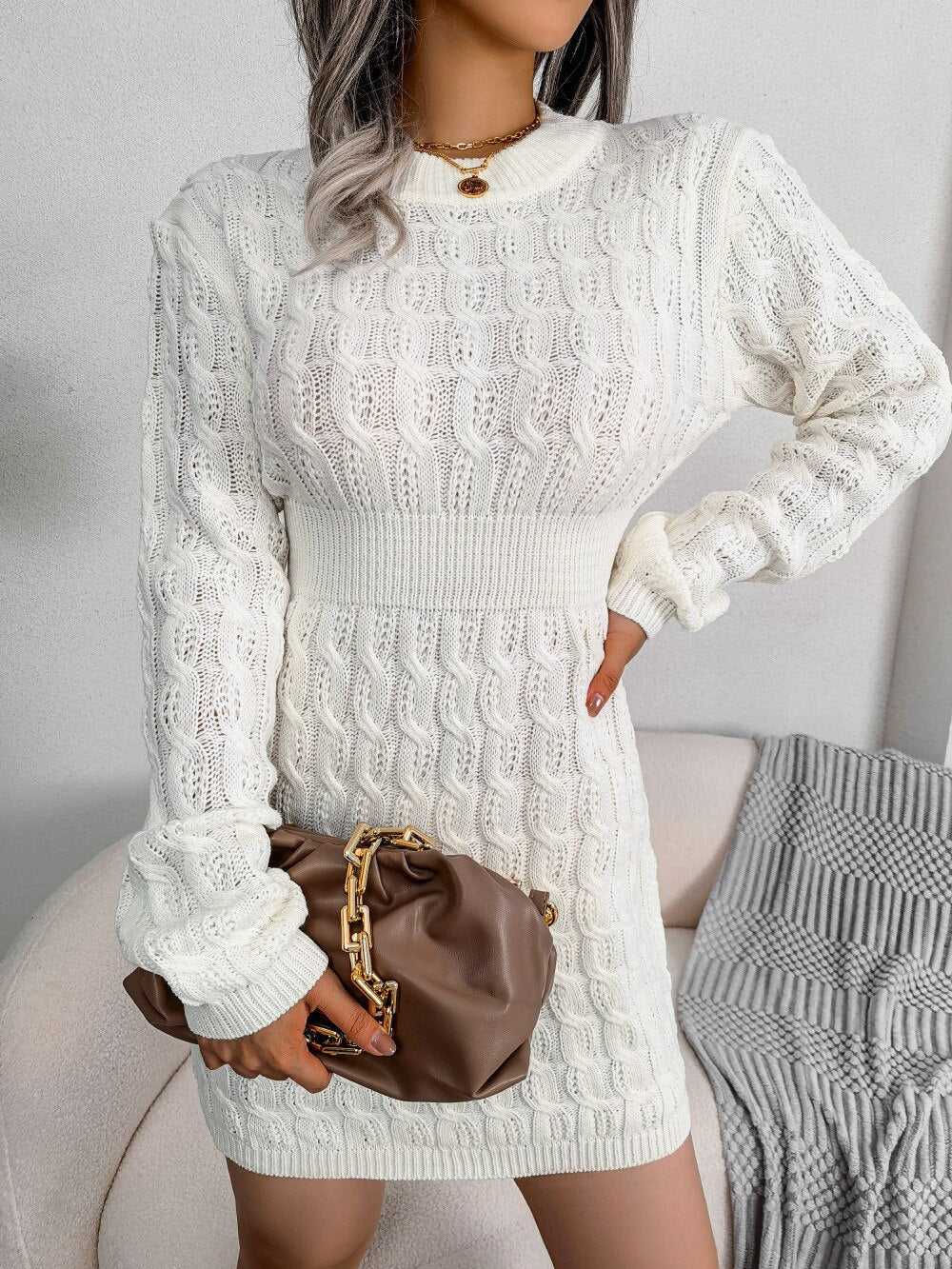 Robe courte en maille torsadée pour femme, à taille marquée