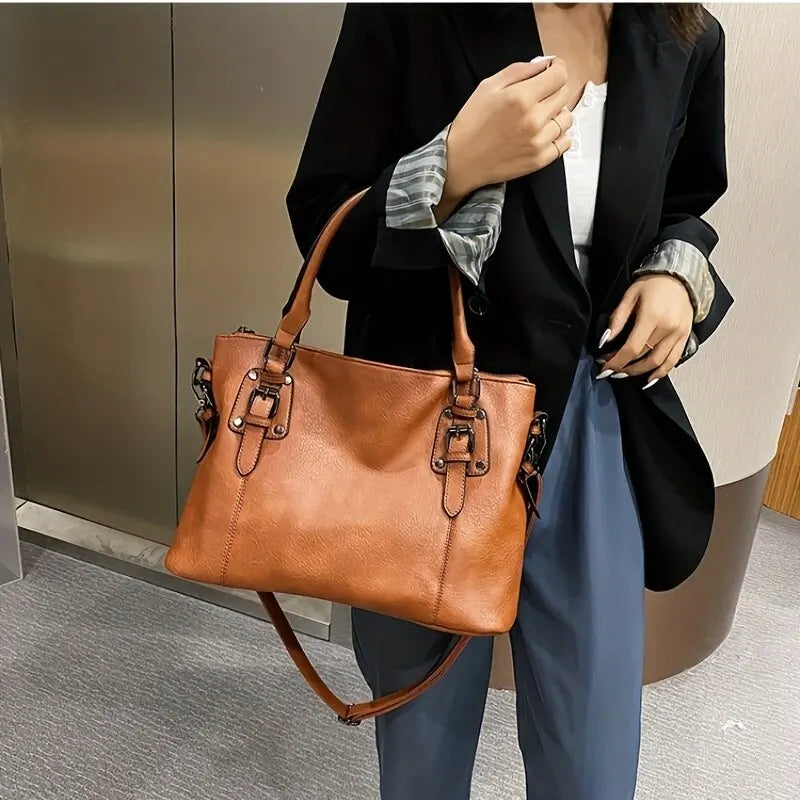 Women's Tote Bag in PU Leather with Crossbody Strap for Autumn Everyday Use