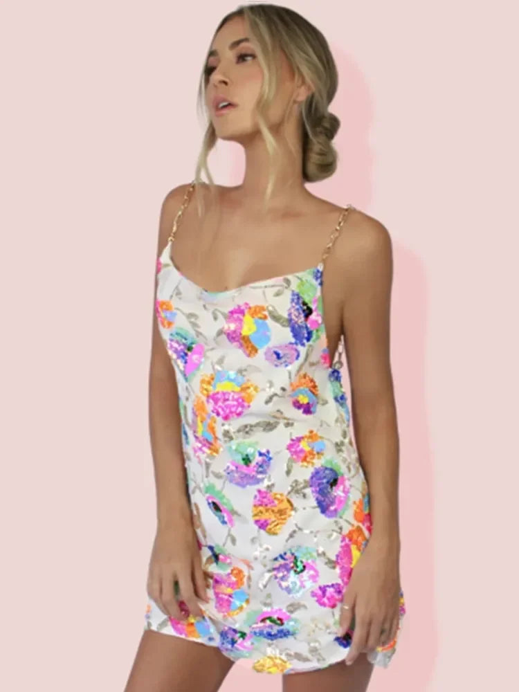 Women's Floral Sequin Mini Dress with Chain Straps