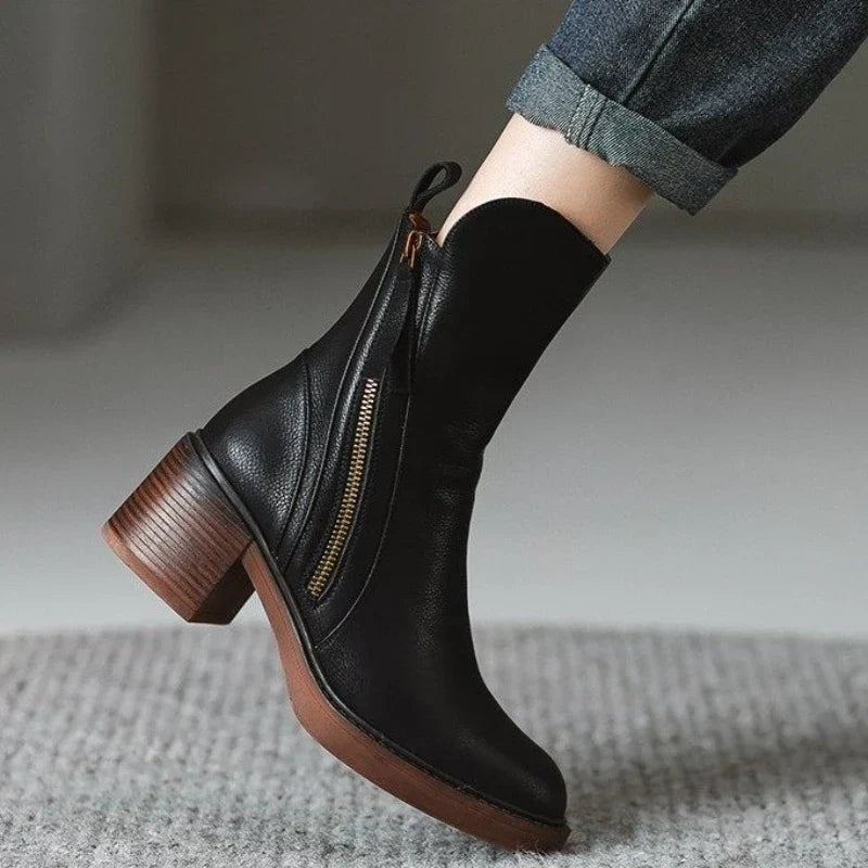 Women’s Leather-Look Ankle Boots with Block Heel and Side Zip