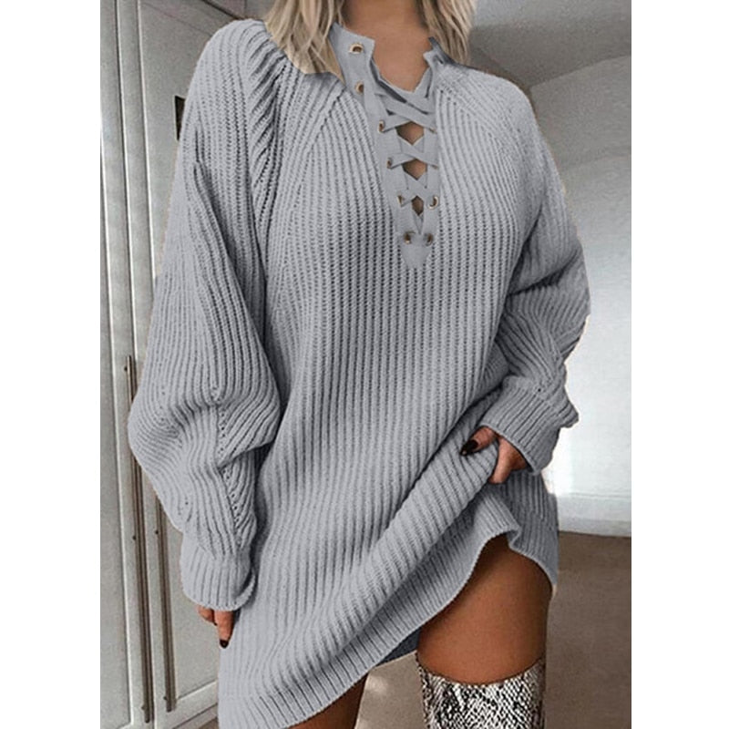 Pull oversize en maille côtelée à lacets pour femme