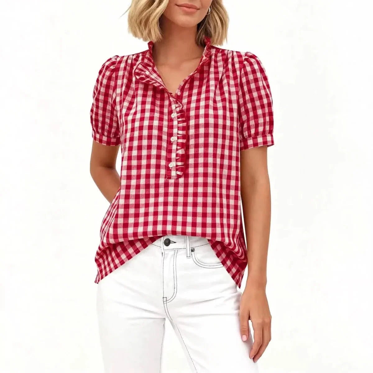 Blouse vichy à col volanté pour femme
