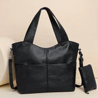 Leather Tote Bag with Crossbody Strap and Pouch
