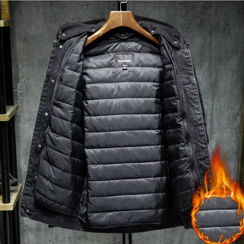 Veste en jean noire à capuche pour homme | Manteau d’hiver doublé en polaire