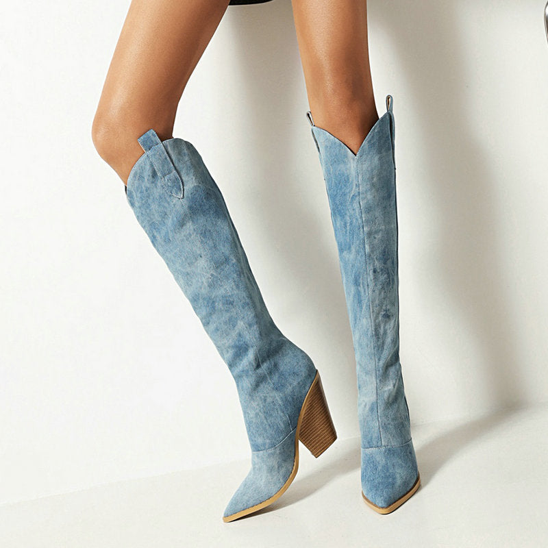 Women's Denim Western Knee-High Cowboy Boots