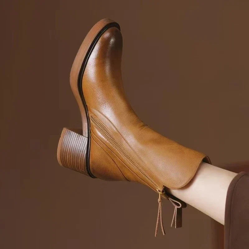 Women’s Leather-Look Ankle Boots with Block Heel and Side Zip