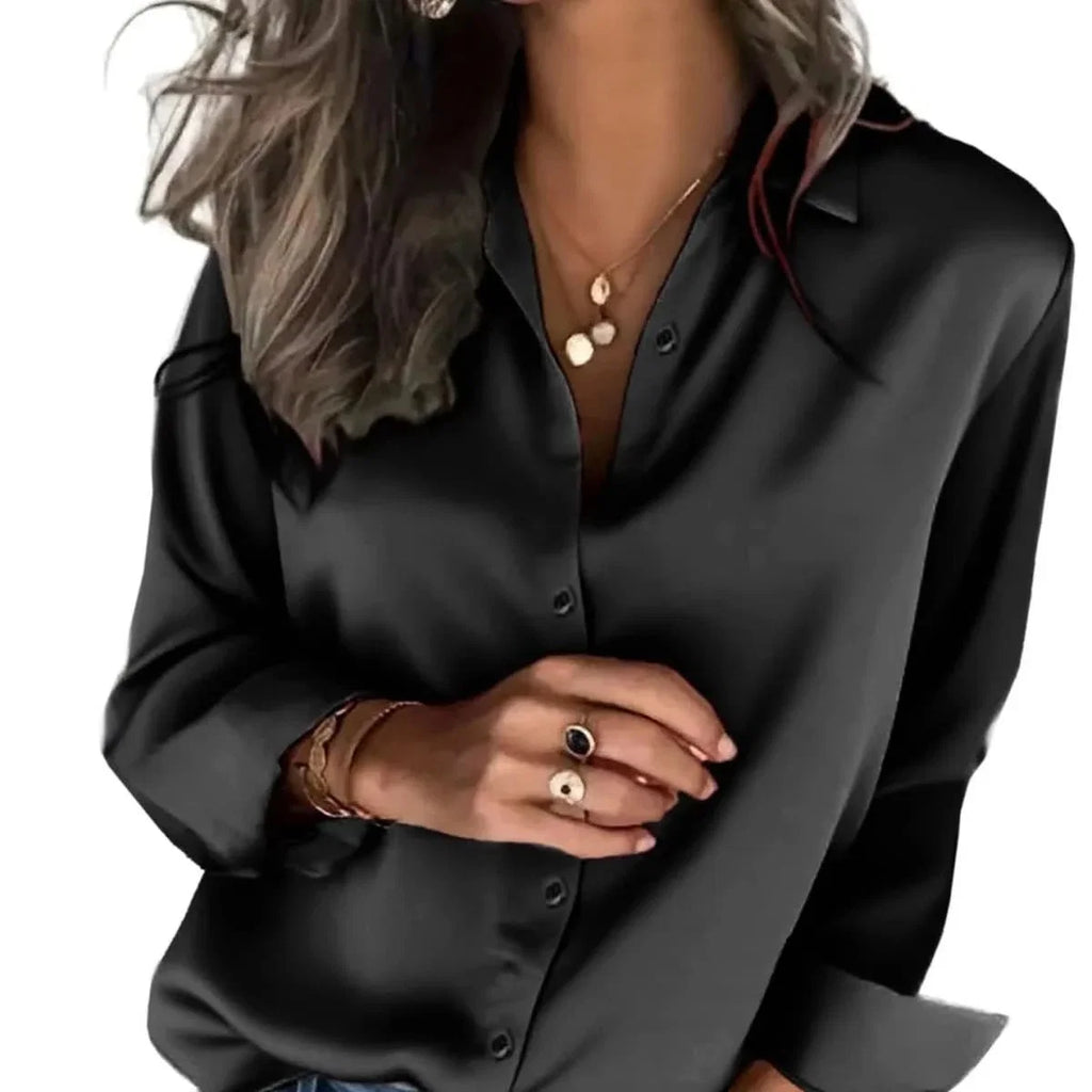 Women's Satin Button-Through Long Sleeve Blouse