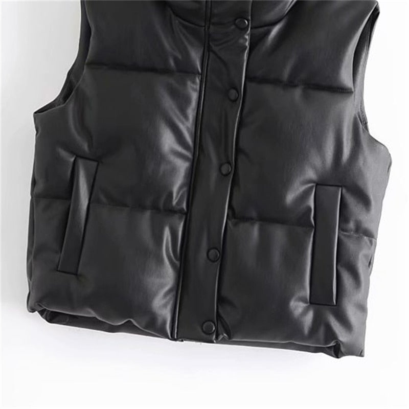 Women’s Faux Leather Padded Gilet with High Neck