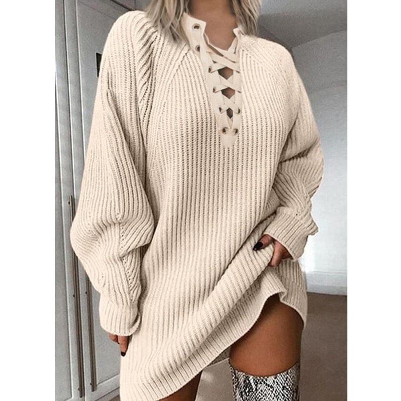 Pull oversize en maille côtelée à lacets pour femme