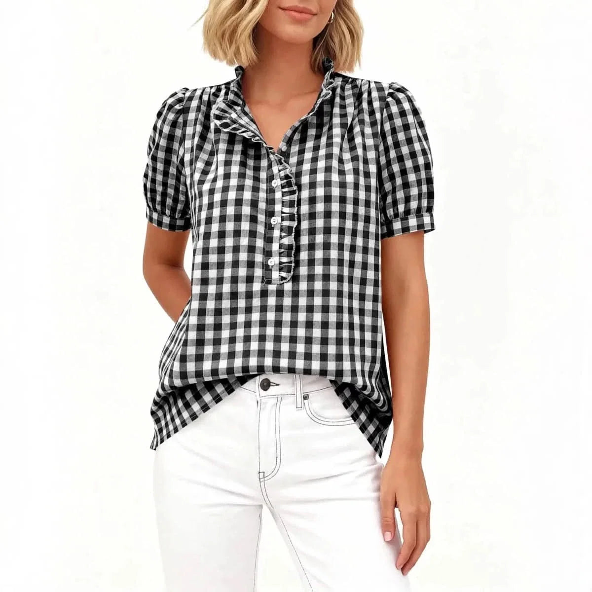 Women's Gingham Frill Neck Blouse