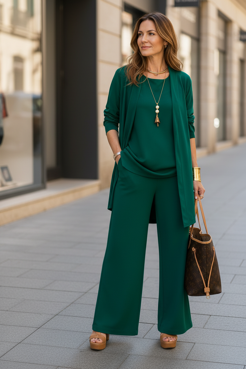 Ensemble trois pièces pour femme avec pantalon large