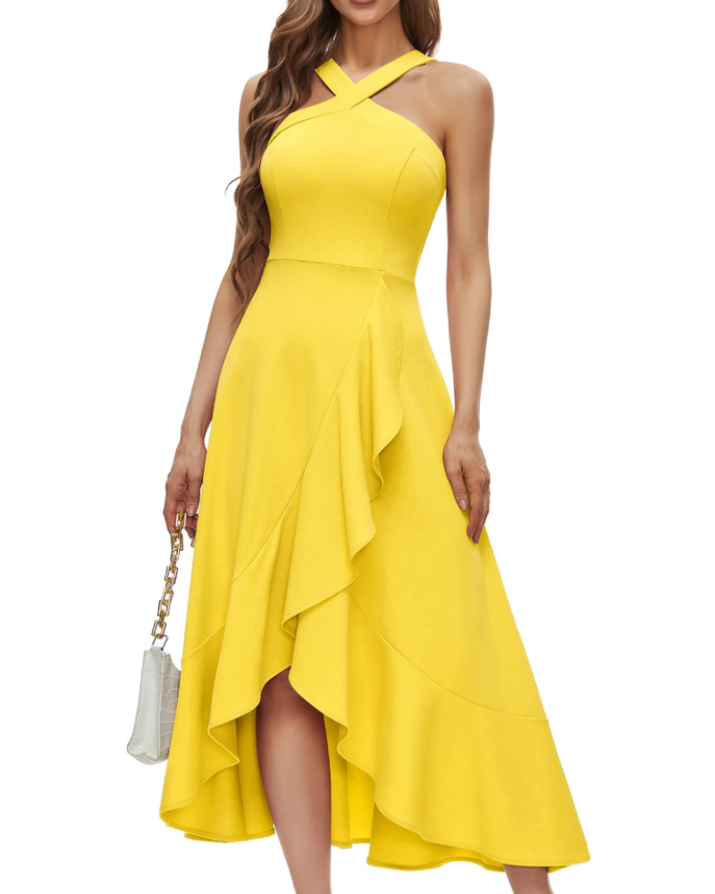 Women's Halter Maxi Dress | High-Low Ruffle Hem Evening Dress