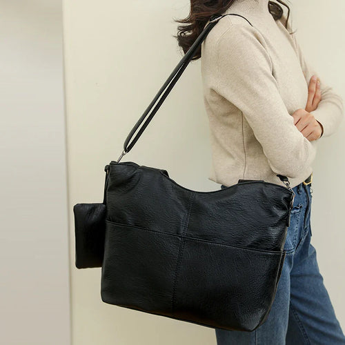 Sac cabas en cuir avec bandoulière et pochette