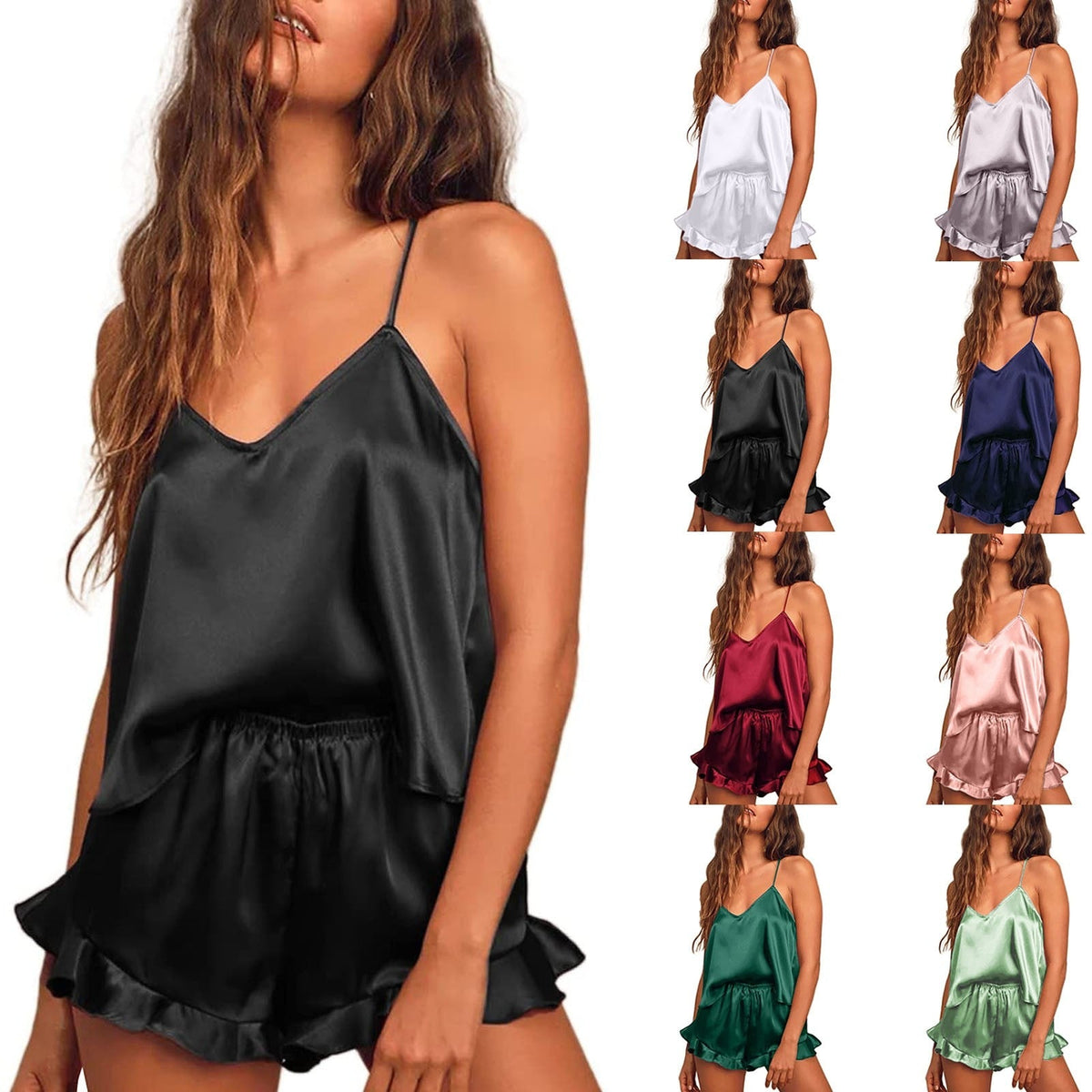 Ensemble pyjama en satin pour femme avec caraco et short à volants
