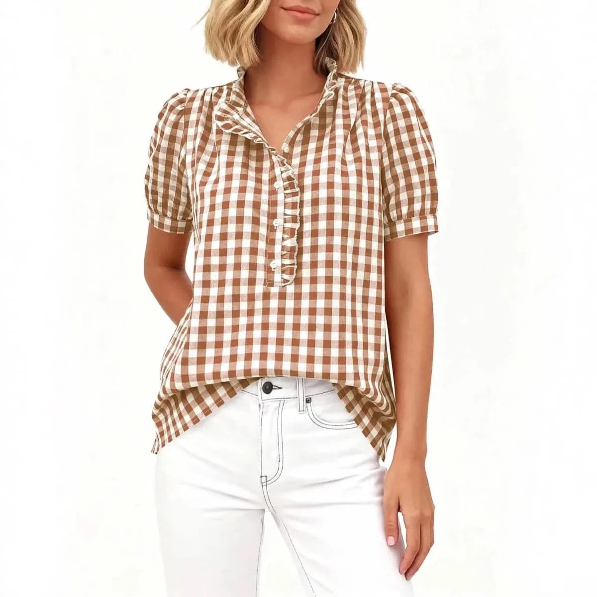 Blouse vichy à col volanté pour femme