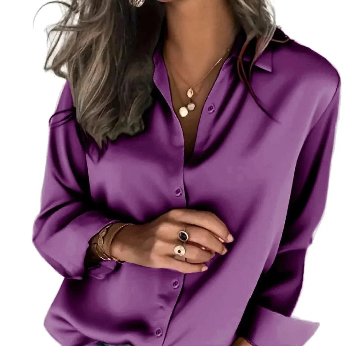 Women's Satin Button-Through Long Sleeve Blouse