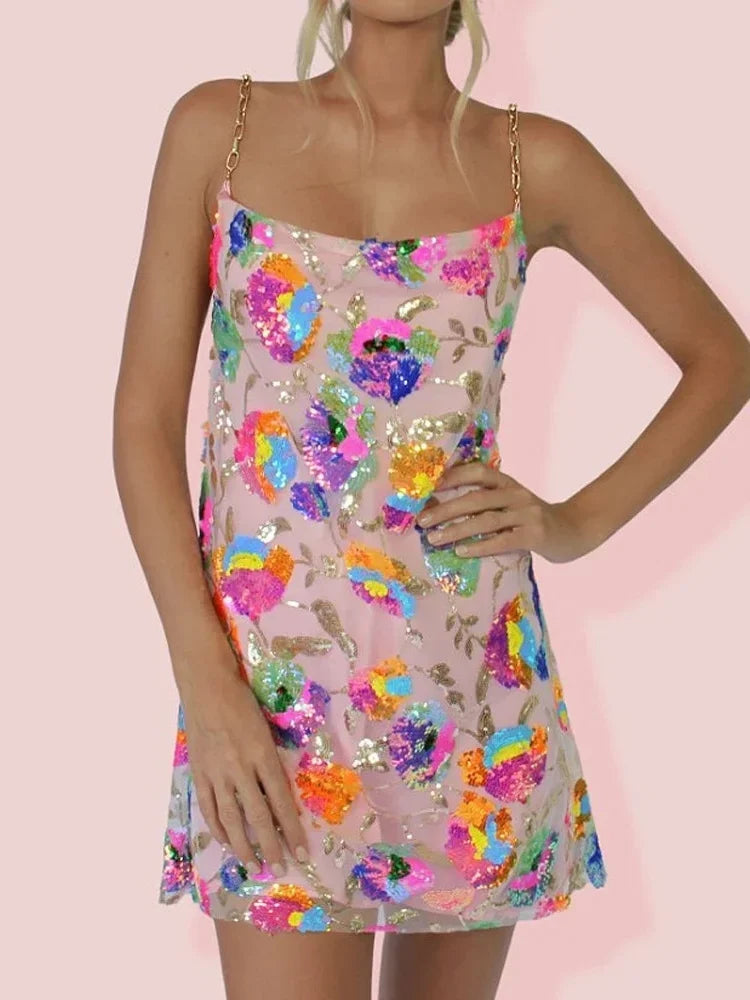 Women's Floral Sequin Mini Dress with Chain Straps