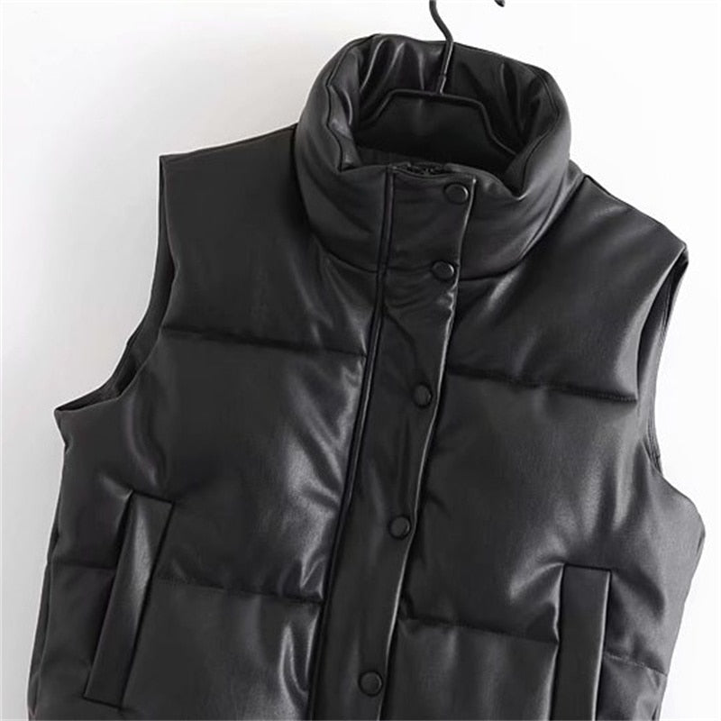 Women’s Faux Leather Padded Gilet with High Neck