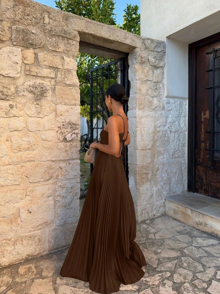 Women's Pleated Halter Maxi Dress | Strappy A-Line