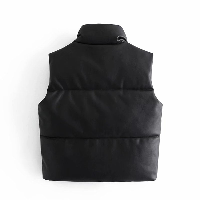 Women’s Faux Leather Padded Gilet with High Neck