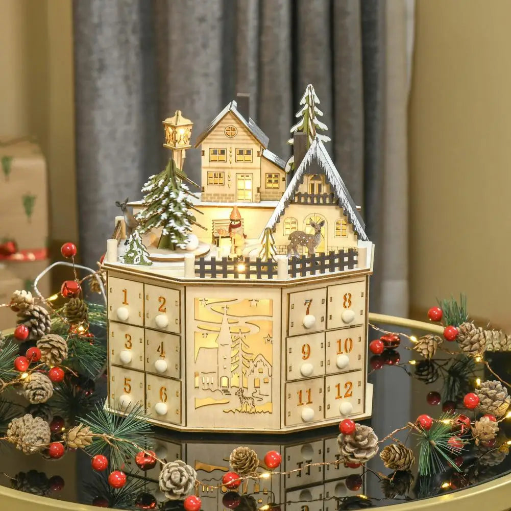 Calendrier de l’Avent représentant un village de Noël en bois avec lumières LED