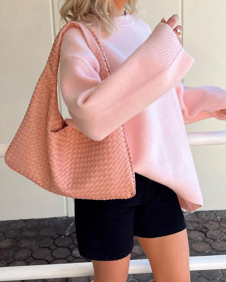Damski oversize’owy sweter z dzianiny z okrągłym dekoltem
