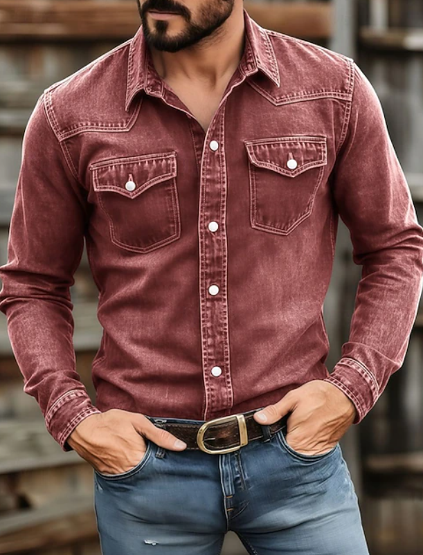 Chemise western en denim délavé pour homme