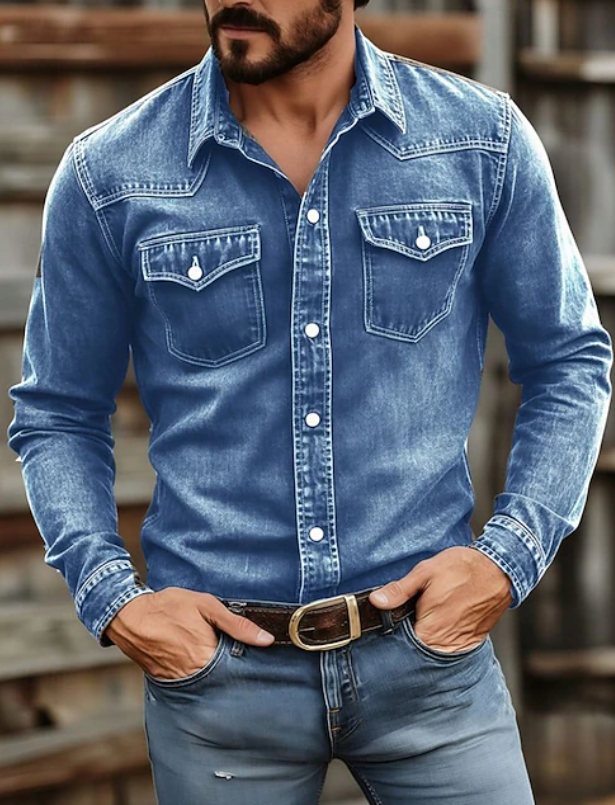 Chemise western en denim délavé pour homme