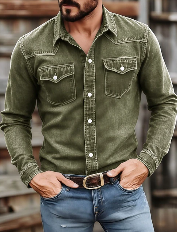 Chemise western en denim délavé pour homme
