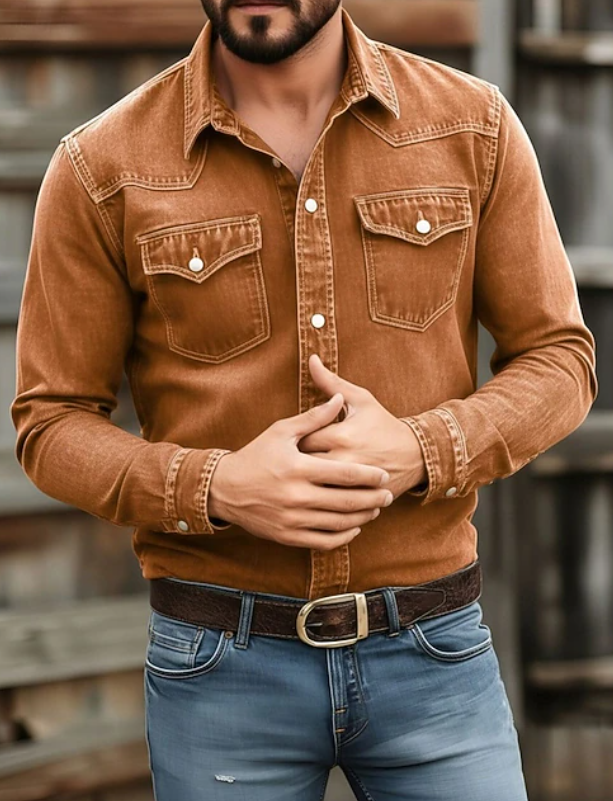 Chemise western en denim délavé pour homme