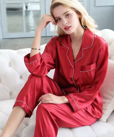 Women's Satin Pyjama Set with Long Sleeve Shirt for Summer