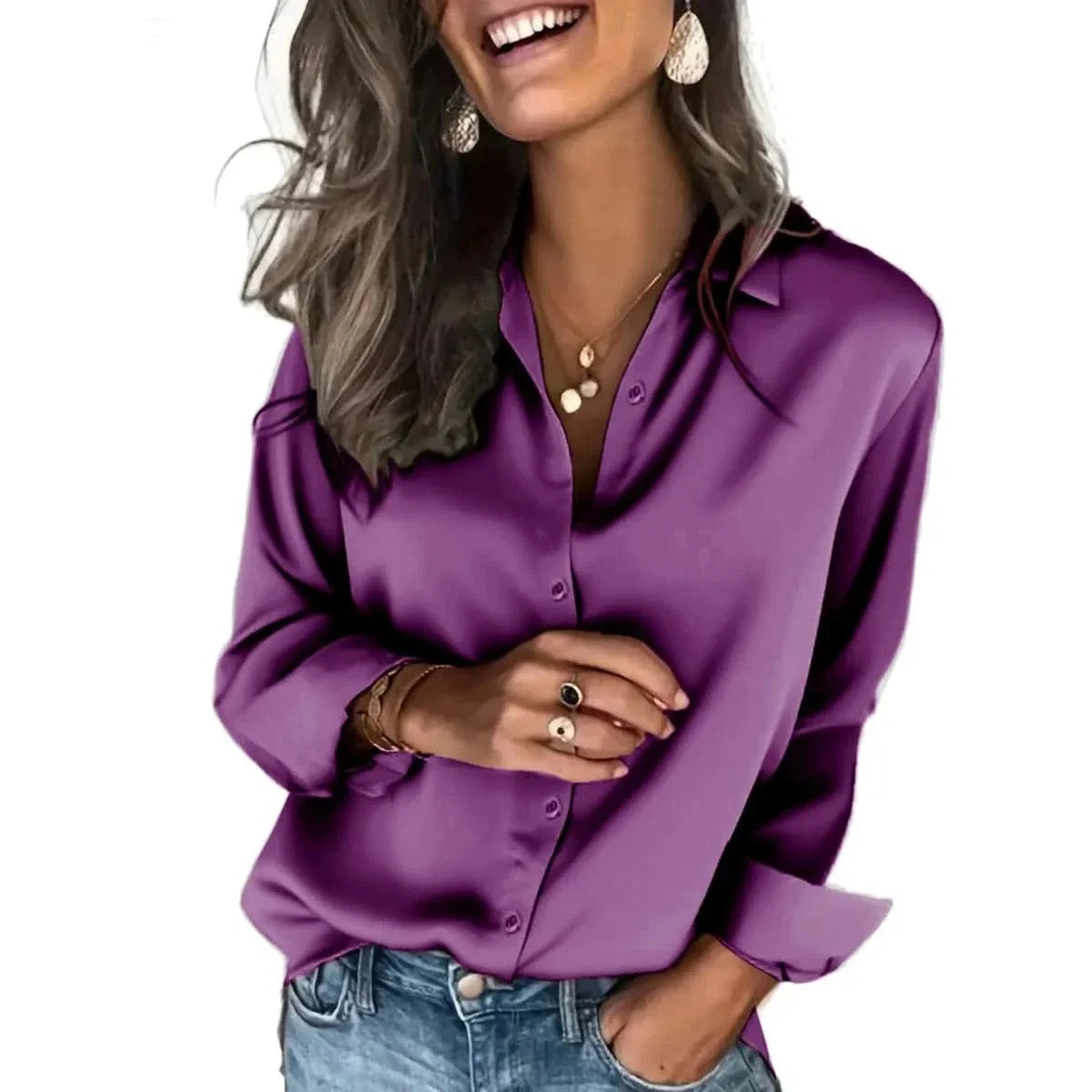 Blouse satinée à manches longues et boutonnage intégral pour femme