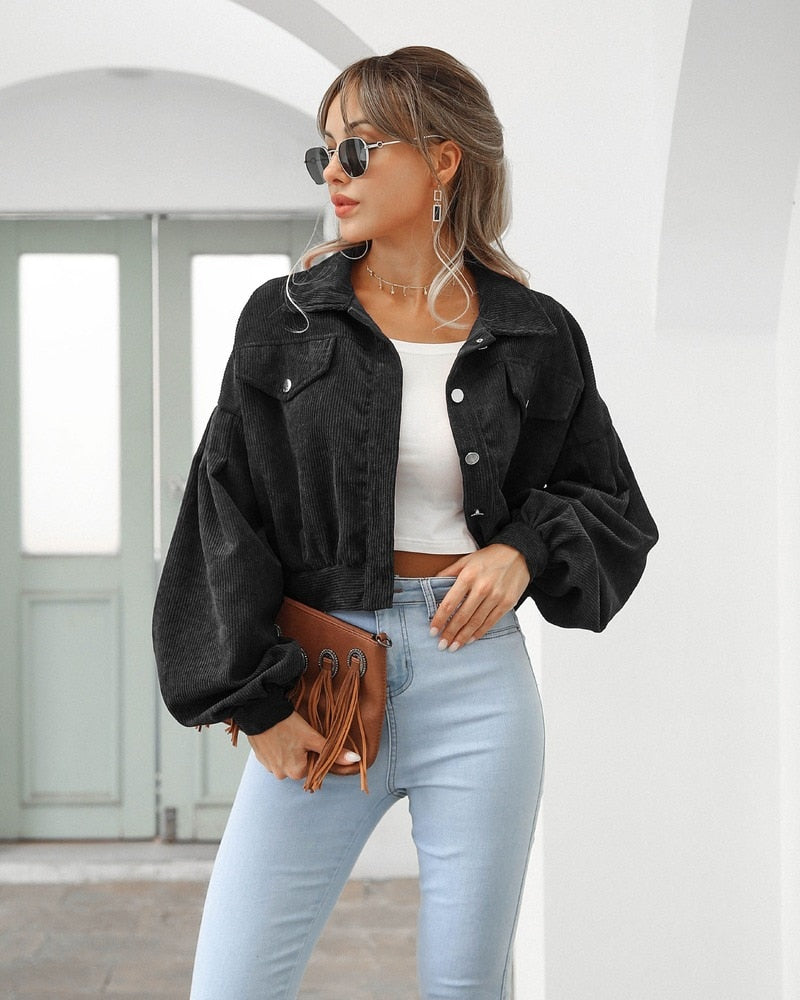 Women’s Cropped Corduroy Jacket with Balloon Sleeves