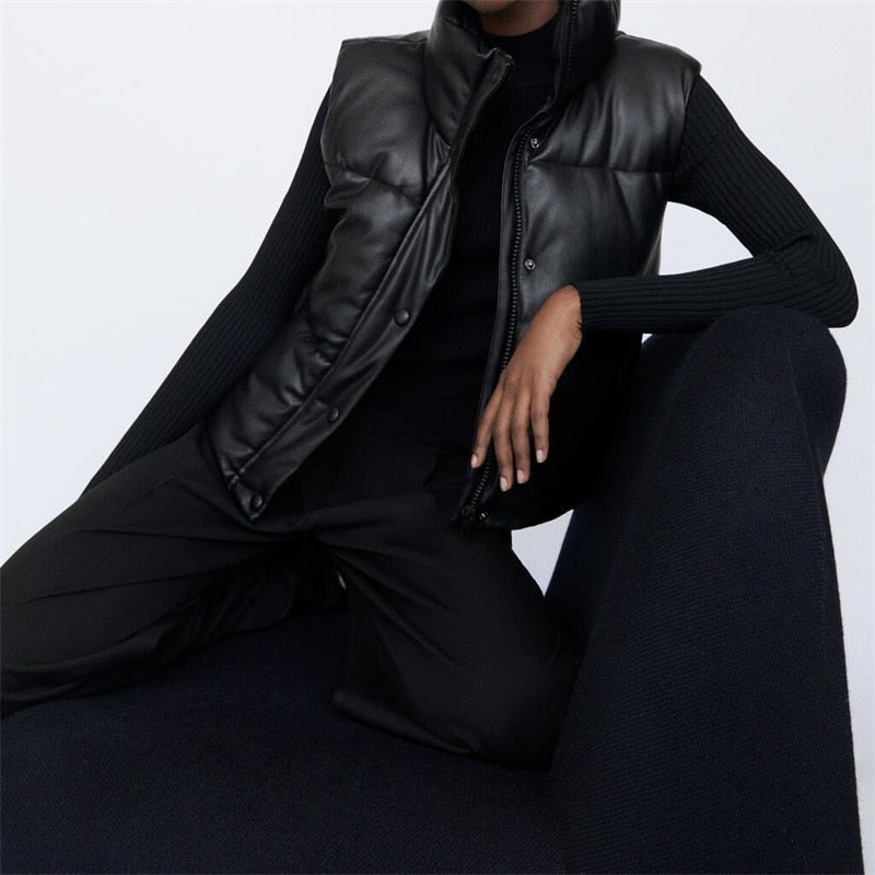 Women’s Faux Leather Padded Gilet with High Neck