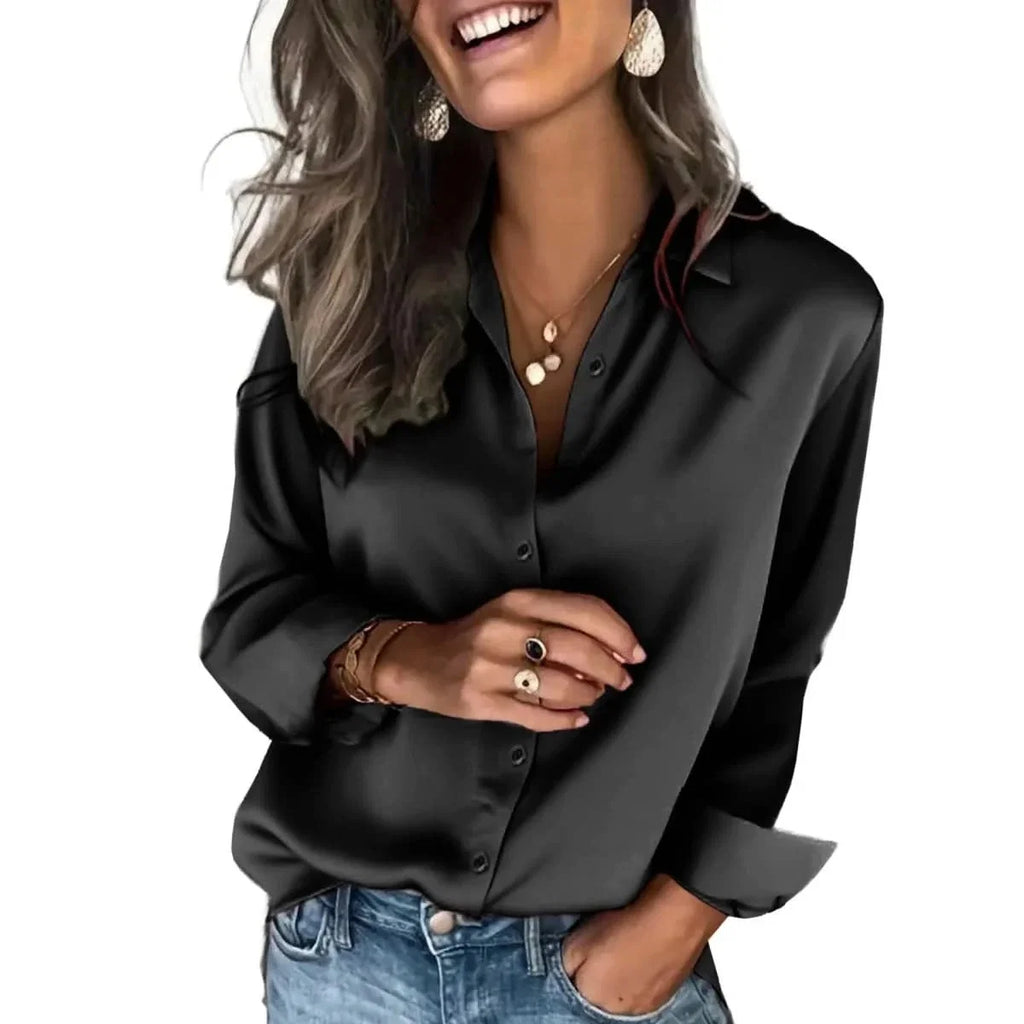 Women's Satin Button-Through Long Sleeve Blouse