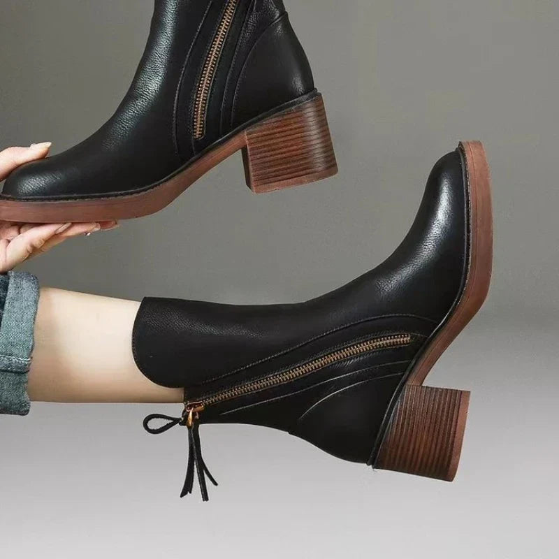 Women’s Leather-Look Ankle Boots with Block Heel and Side Zip