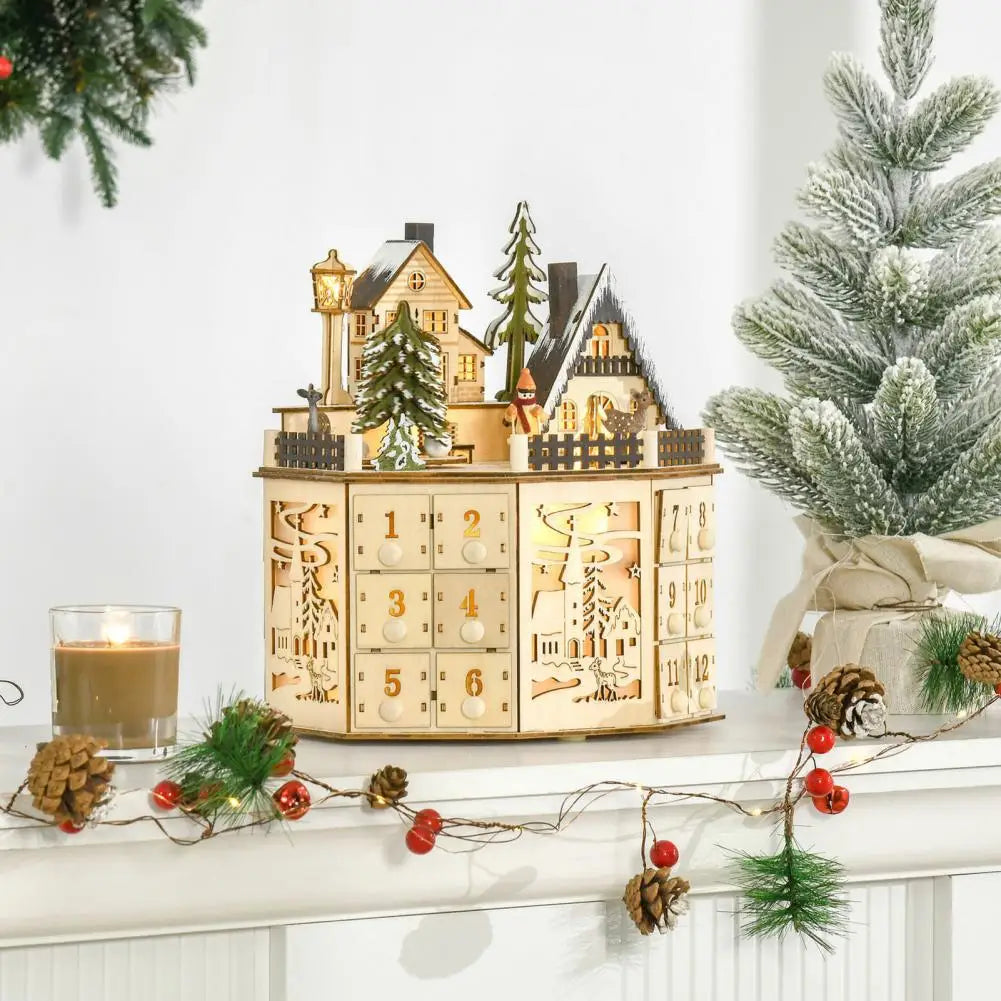 Calendrier de l’Avent représentant un village de Noël en bois avec lumières LED