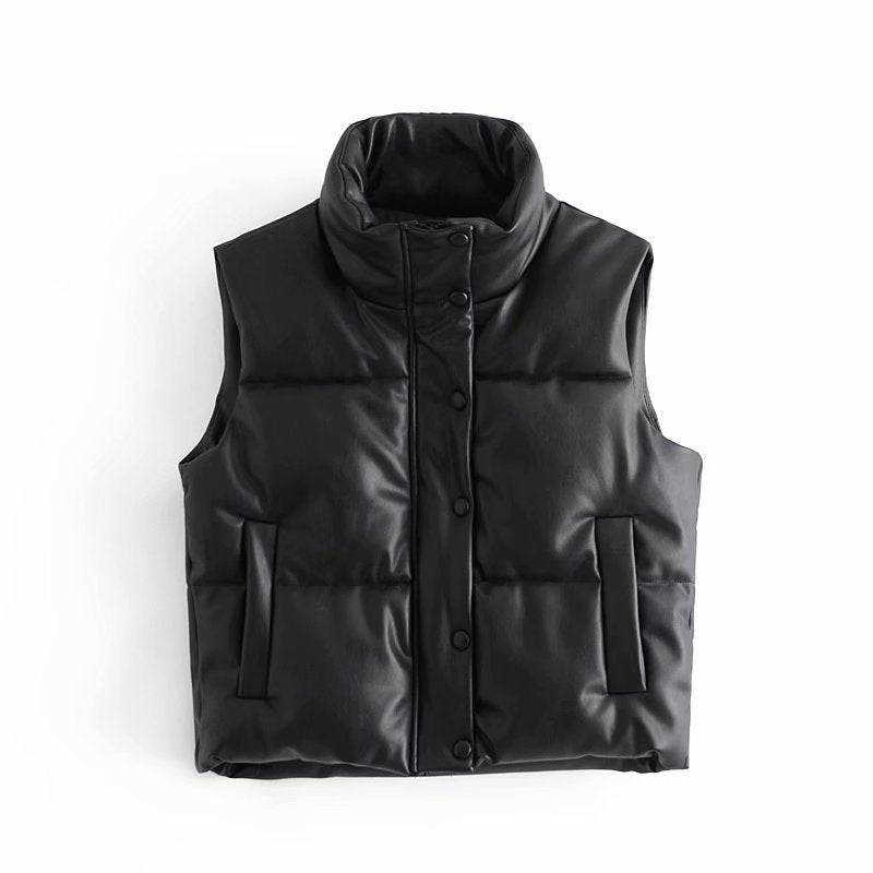 Women’s Faux Leather Padded Gilet with High Neck