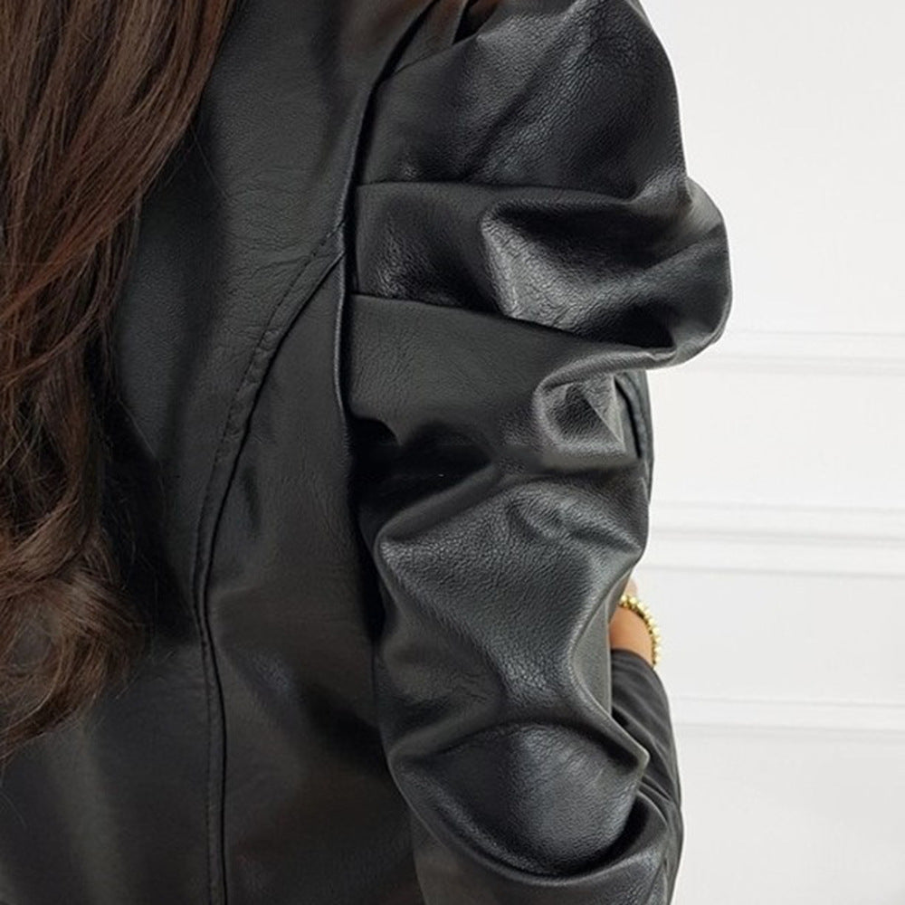Veste courte pour femme en similicuir à manches froncées