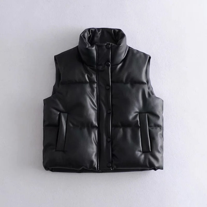 Women’s Faux Leather Padded Gilet with High Neck
