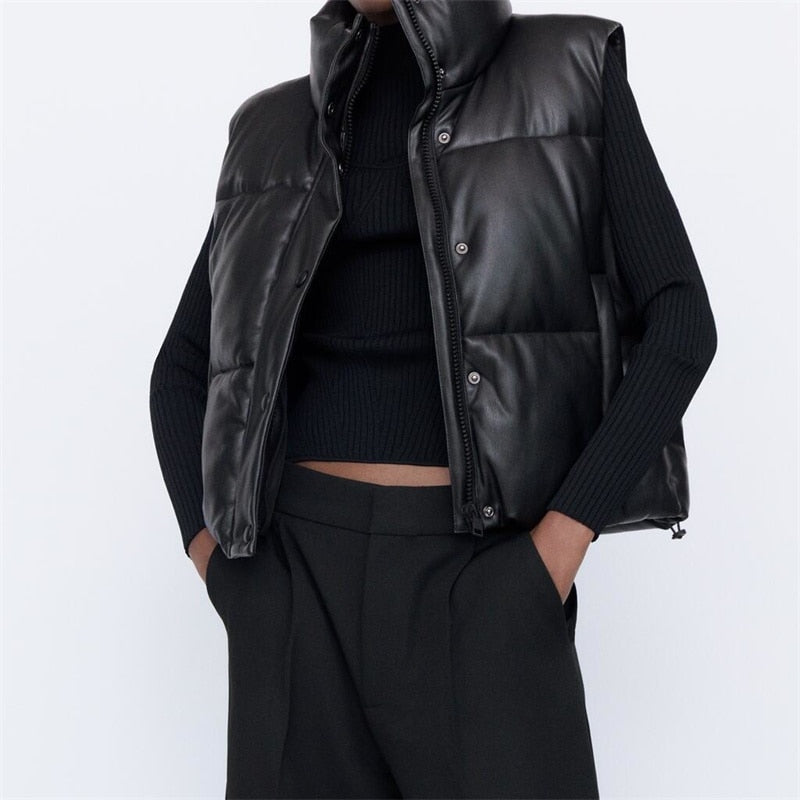 Women’s Faux Leather Padded Gilet with High Neck