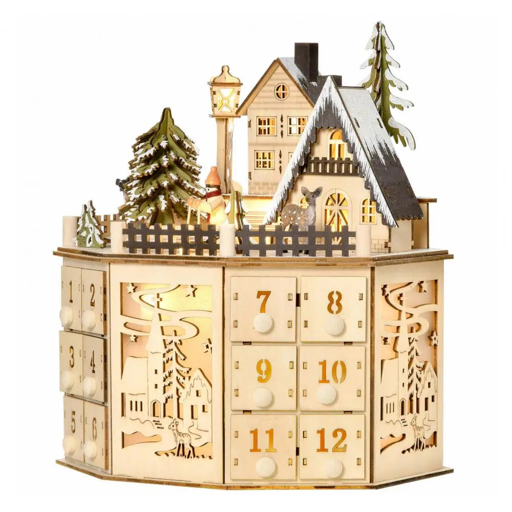 Calendrier de l’Avent représentant un village de Noël en bois avec lumières LED