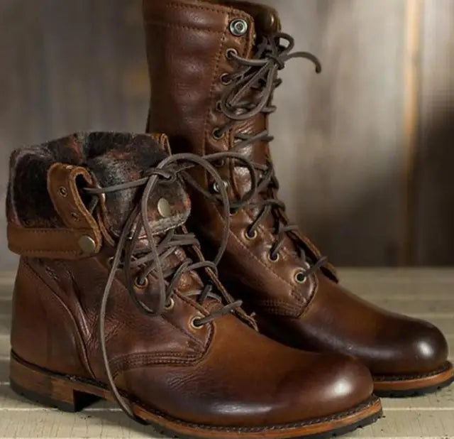 Women's Lace-Up Ankle Boots with Fold-Over Collar